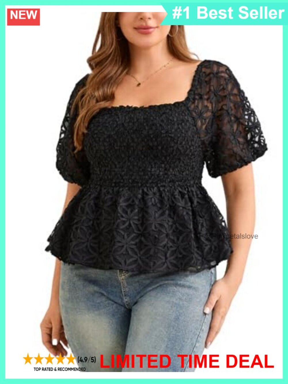 Womens Plus Size Smocked Peplum Blouse Ruffle Hem Tie Back Babydoll Top